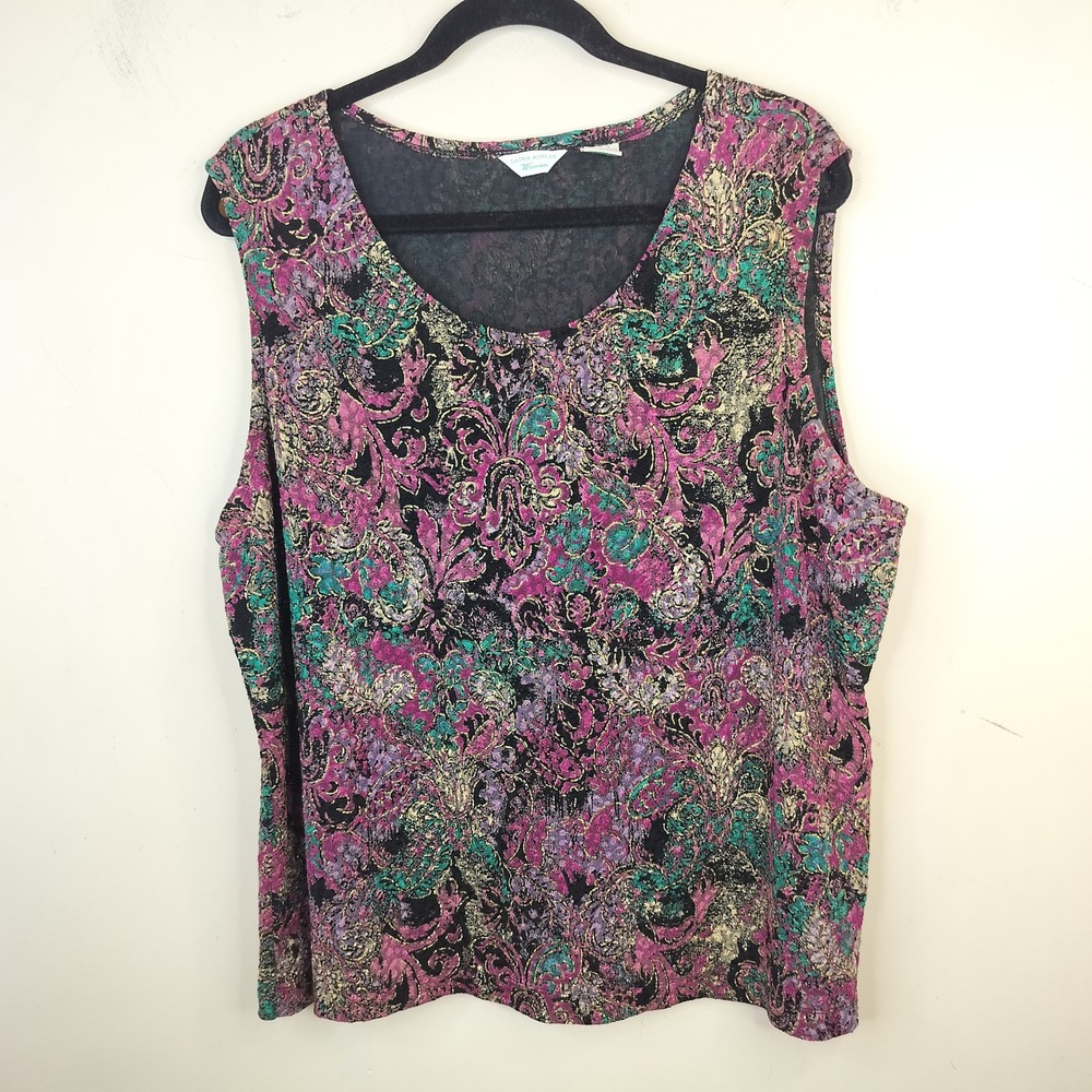 Laura Ashley Sleeveless Top Womens 2X Floral Paisley Metallic Pink Purple